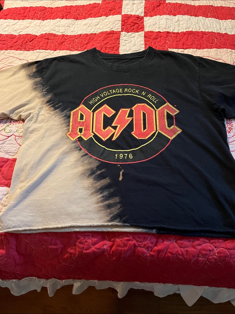 AC/DC Black Tee with Red & Yellow Logo and Bleached White Fade